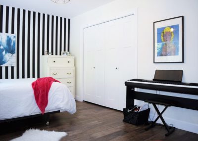 Hot pink black and white striped teen girl room