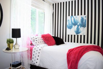 Hot pink black and white striped teen girl room