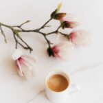cup of coffee and blooming branch